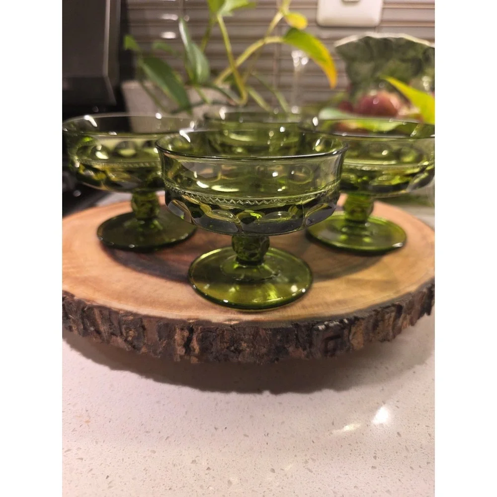 VTG Avocado Green Indiana Glass‎ Kings Crown Thumbprint Dessert Goblet Set Of 4